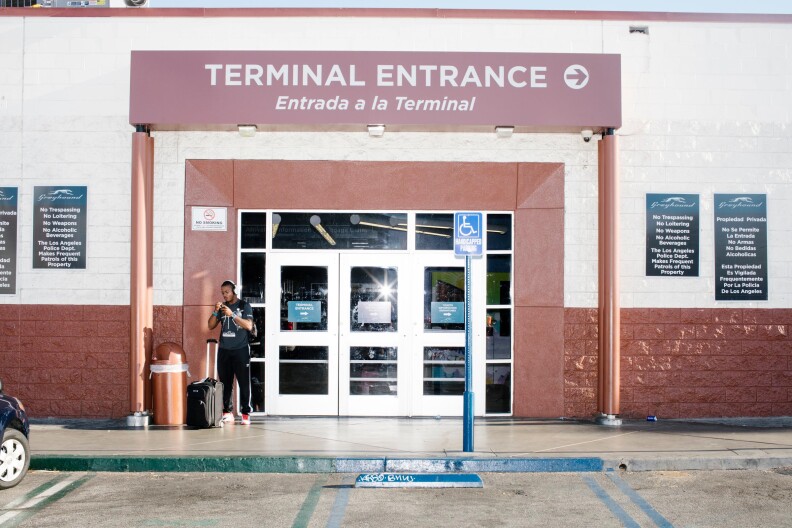 The Greyhound bus terminal in Los Angeles, the destination for Esmé Duprez' two-week trip across the country. Photographs by M. Scott Brauer for Bloomberg