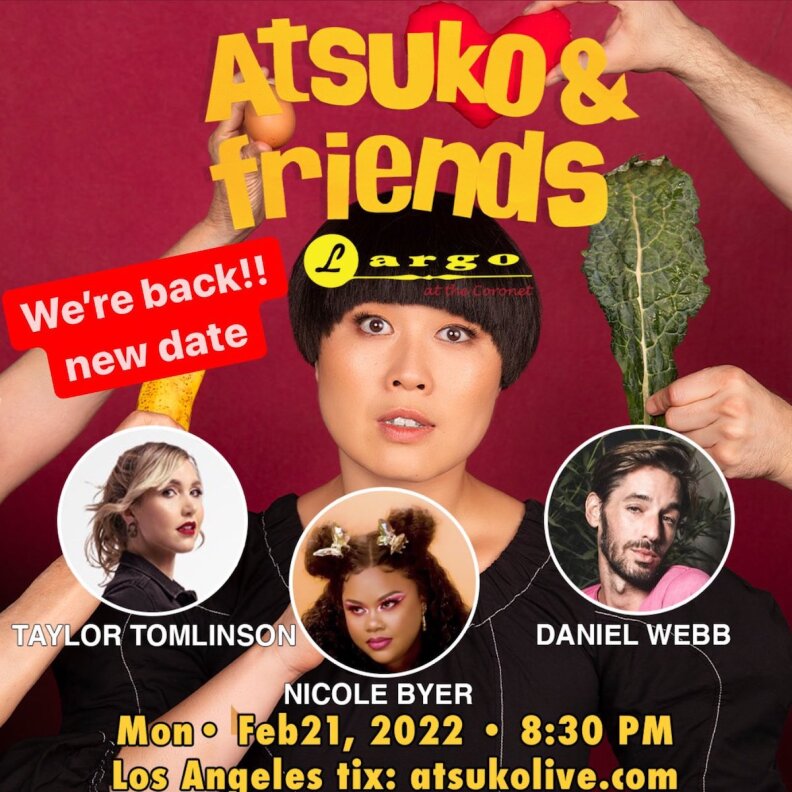 Poster image of Atsuko Okatsuka in the center with faces of three other comics in circles.