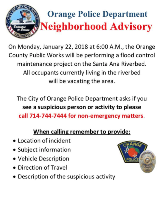 The city of Orange posted flyers warning residents of the pending clearing of homeless encampments along the adjacent Santa Ana River. 