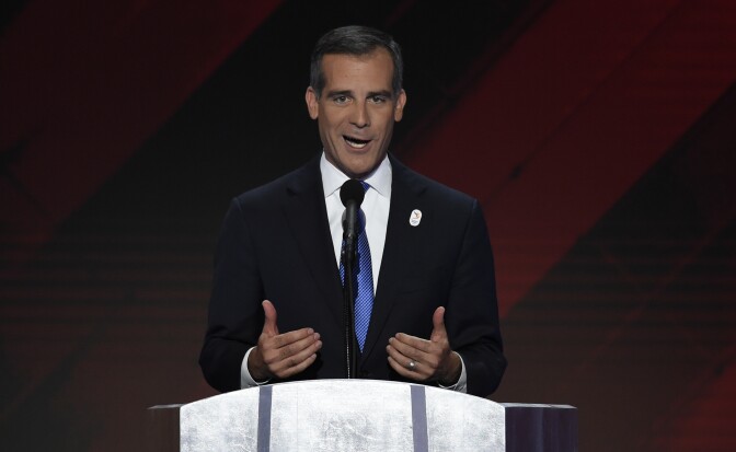 Los Angeles Mayor Eric Garcetti during the final day of the 2016 Democratic National Convention on July 28, 2016, at the Wells Fargo Center in Philadelphia, Pennsylvania.