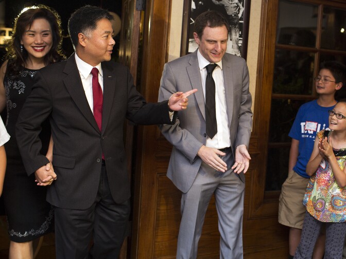Congressional district 33 candidate Ted Lieu arrives to his election night party at the Proud Bird in Westchester on Tuesday night, Nov. 4, 2014.