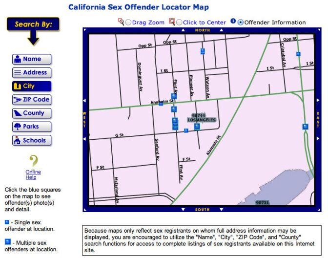 A screenshot from the California Megan's Law website shows the cluster of registered sex offenders in a small area.
