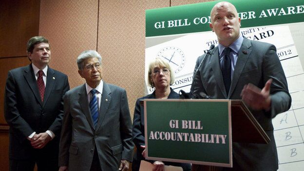 Iraq war veteran Paul Rieckhoff (right), with Democratic Sens. Mark Begich of Alaska, Daniel Akaka of Hawaii and Patty Murray of Washington, introduces the GI benefit watchdog bill in Washington. Some lawmakers say for-profit schools are taking advantage of veterans and their educational benefits.