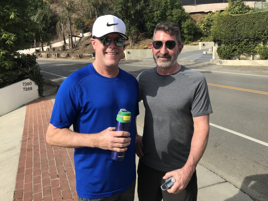 Jeff Jones and Steve Johnson of Sherman Oaks on Thanksgiving day. Downtown Los Angeles hit 92 degrees.