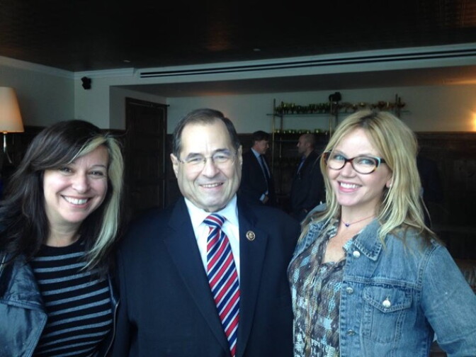 Michelle Lewis and Kay Hanley pose with Rep Jerry Nadler who introduced a copyright reform bill called Fair Play, Fair Pay