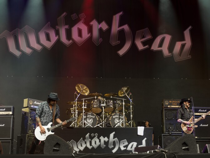 Lemmy and Phil Campbell from Motörhead performs on The Pyramid Stage during the Glastonbury Festival at Worthy Farm, Pilton on June 26, 2015 in Glastonbury, England.