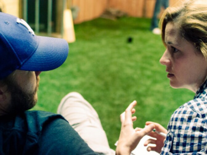 Actress Jenna Fischer and husband Lee Kirk on the set of "Sad Happy Sucker."