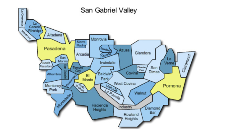 A map of the San Gabriel Valley, with cities colored yellow and various shades of blue.