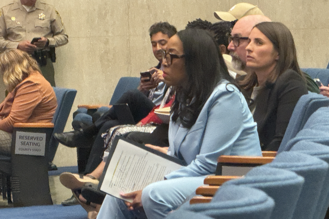 A woman with medium-dark skin tone wearing a light blue suit and glasses sits in a row of blue chairs in an auditorium holding documents. Various people sit next to her. 