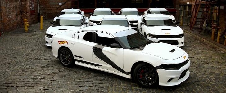 A small fleet of Dodge Charger Hellcats, with special Star Wars stormtrooper trim.