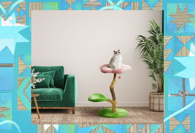 A super high-end cat tree: The tree is shaped like an actual tree, a cherry bossom branch: The first perch is a petal, that allows the cat to climp up to the top, which is the bed of the cherry blossom: The entire structure is covered with cozy material for a cat to sleep on, or happily paw and scratch. There's also a hanging pompom, for batting around. The photo is set against decorative teal background accented with stars, holiday gift boxes and strands of ribbon. 