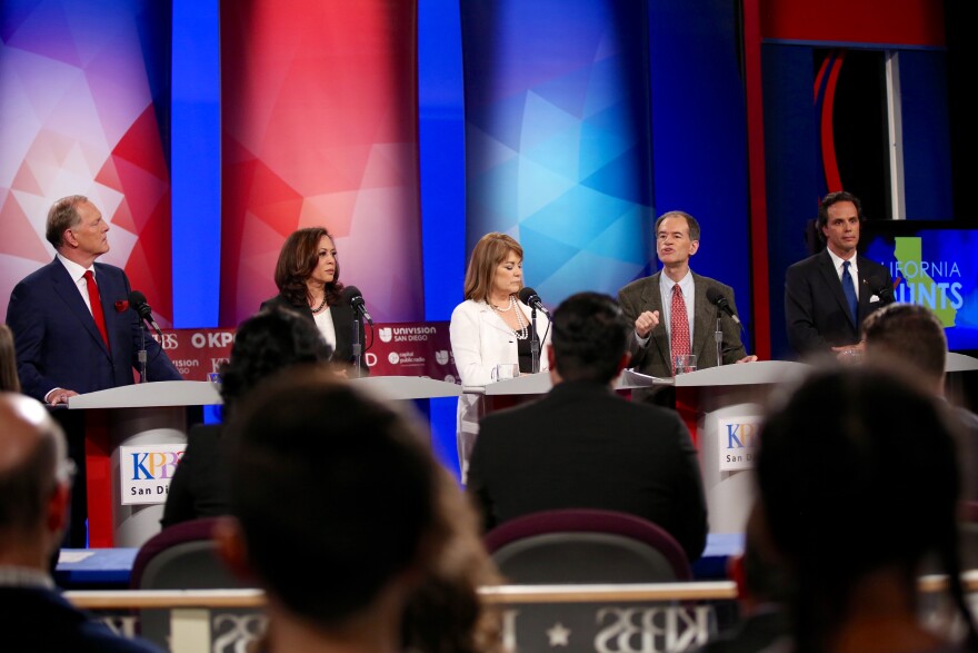 From left to right: Duf Sundheim, Kamala Harris, Loretta Sanchez, Ron Unz, Tom Del Beccaro at a debate at KPBS in San Diego, May 10, 2016.