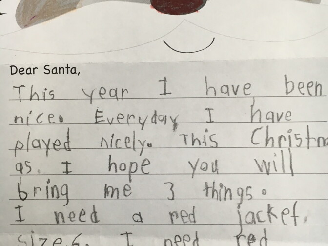 A letter from an anonymous child addressed to Santa. This year, the US Postal Service is celebrating its 104th year of answering the handwritten letters to Santa Claus it receives. 