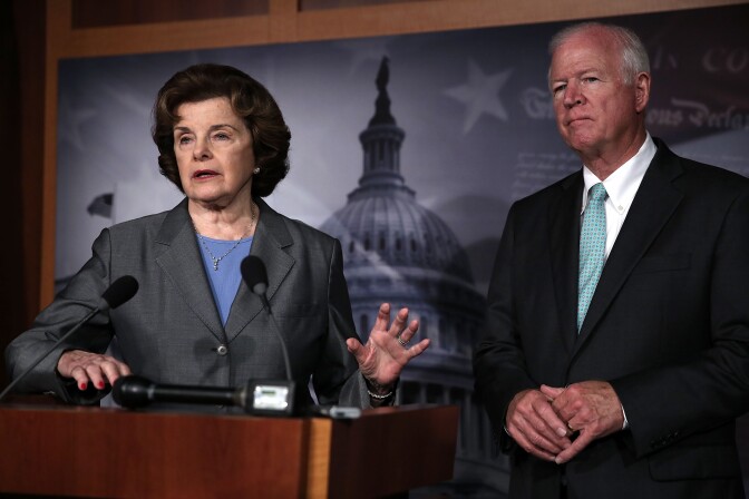 Sen. Dianne Feinstein and Saxby Chambliss speak to members of the media about the National Security Agency (NSA) collecting phone records June 6.