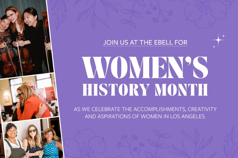 A digital promo graphic for The Bell of Los Angeles celebrating Women’s History Month. It has a purple background color with designs of flowers blended in. On the left side, there’s also an overlay collage of images of women, including photos of Sheryl Lee Ralph and Mayor Karen Bass.