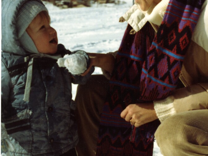 Sue and Dylan in the snow.