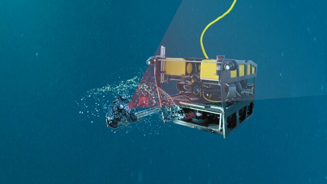 Illustration of MBARI's MiniROV using the DeepPIV laser system to illuminate a giant larvacean.