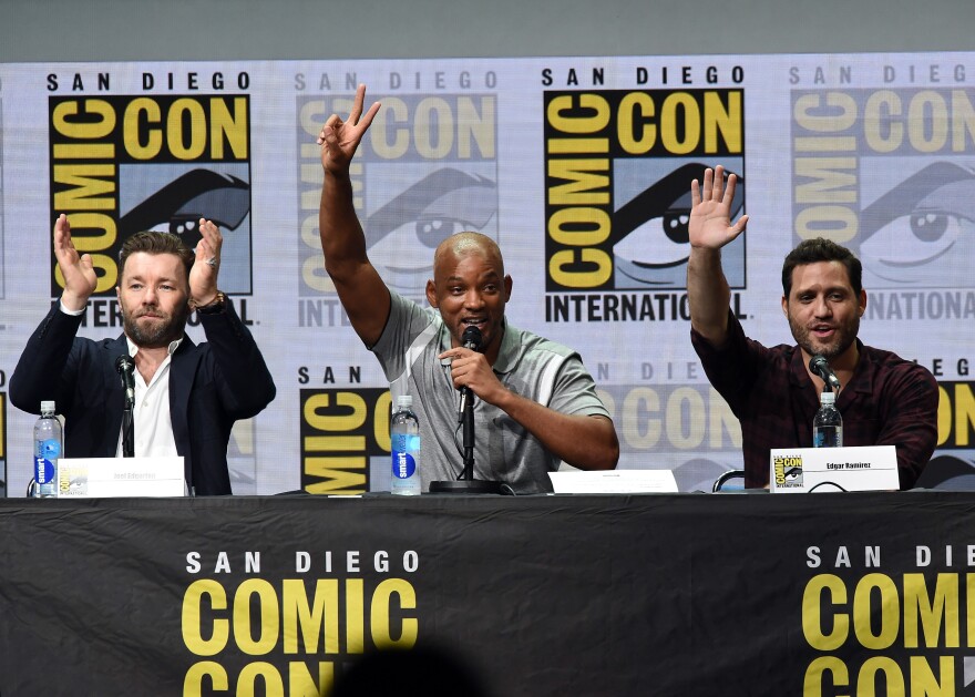 SAN DIEGO, CA - JULY 20:  (L-R) Actors Joel Edgerton, Will Smith and Edgar Ramirez speak onstage at Netflix Films: "Bright" and "Death Note" panel during Comic-Con International 2017 at San Diego Convention Center on July 20, 2017 in San Diego, California.  (Photo by Kevin Winter/Getty Images)