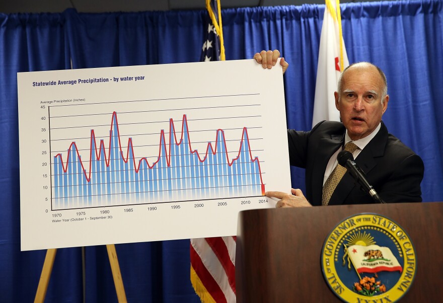 SAN FRANCISCO, CA - JANUARY 17: California Gov. Jerry Brown holds a chart showing statewide average precipitation as he speaks during a news conference on January 17, 2014 in San Francisco, California. Gov. Brown declared a drought state of emergency for California as the state faces water shortfalls in what is expected to be the driest year in state history. Residents are being asked to voluntarily reduce water usage by 20%. (Photo by Justin Sullivan/Getty Images)