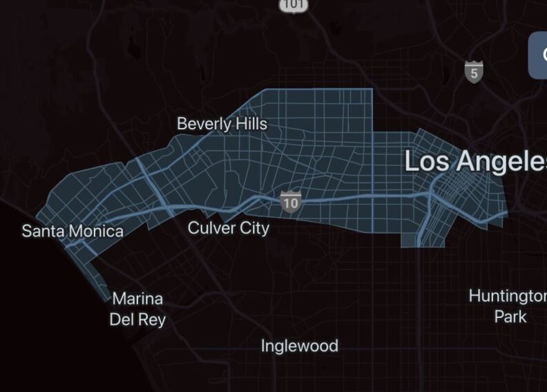 The boundaries of Waymo's operating area, roughly between Santa Monica and downtown L.A., from the Pacific Ocean to the L.A. River. Some main northern boundaries are San Vicente Blvd. in Santa Monica, Santa Monica Blvd. in Beverly Hills and Hollywood, and Beverly Blvd. near downtown. The main southern boundaries are Ocean Park Blvd. in Santa Monica, National Blvd. in Culver City, and Exposition Blvd. in most of Central L.A.