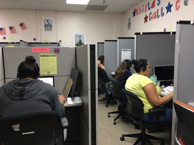 Volunteers work a phone bank at the offices of the Coalition for Humane Immigrant RIghts of Los Angeles on August 28, 2017, calling voters and offering to connect them with elected leaders so they can ask them to save the program known as Deferred Action for Childhood Arrivals, or DACA. The Obama-era program has since 2012 allowed young immigrants who arrived in the U.S. as children to obtain temporary protection from deportation and work permits. The program's future is uncertain under the Trump administration. 