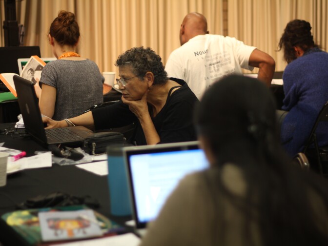 Volunteers edit and create Wikipedia pages during a recent Unforgeting L.A. edit-a-thon at the California African American Museum