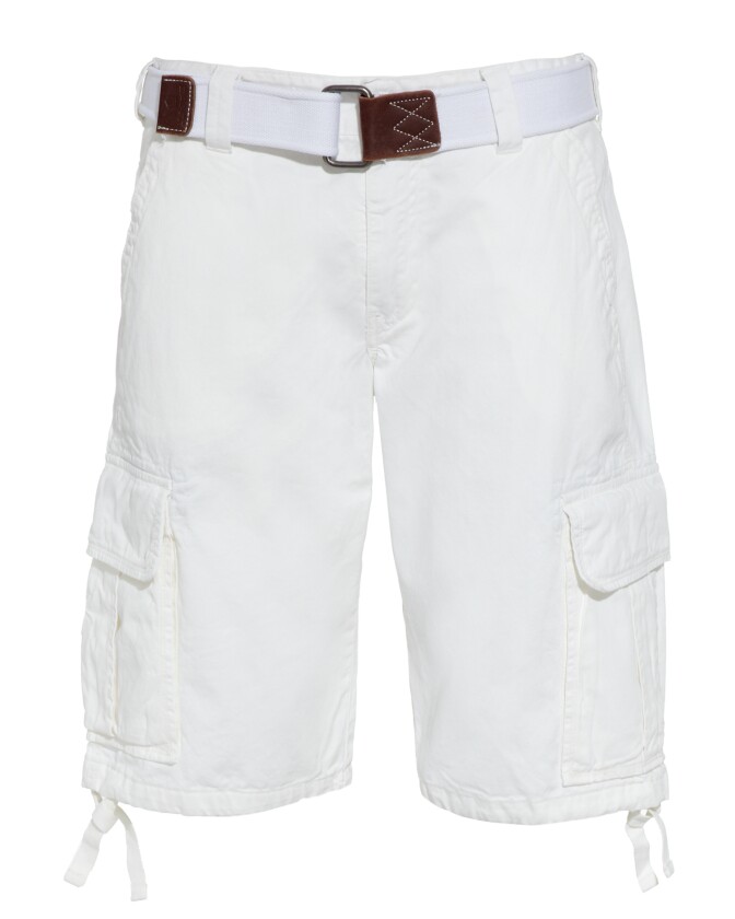 A pair of white cargo shorts.