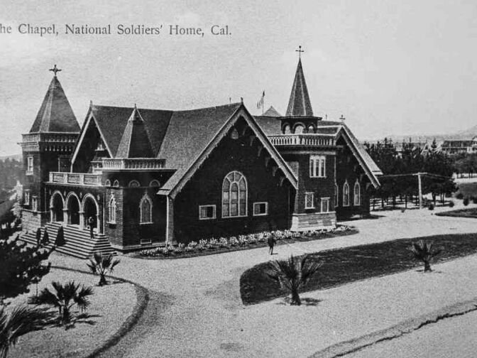The chapel, seen circa 1900, was used for religious services, weddings, substance abuse counseling and funeral rites by both veterans and members of the local community until a 1971 earthquake made the building unsafe for use. It is currently deteriorating, although the VA hopes to save it.