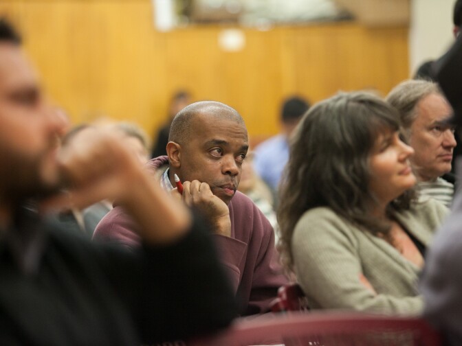 Chef Al Gordon, who works at Los Feliz restaurant Community, attends a council district 4 candidate forum for the first time at Ivanhoe Elementary School in Los Angeles, Calif. 