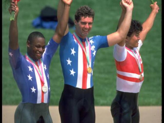 At the 1984 Los Angeles Olympics, Vails became the first African American cyclist to win an OIympic medal. Mark Gorski (center), won the gold, while Vails (left) took silver in the 1000 meter sprint.