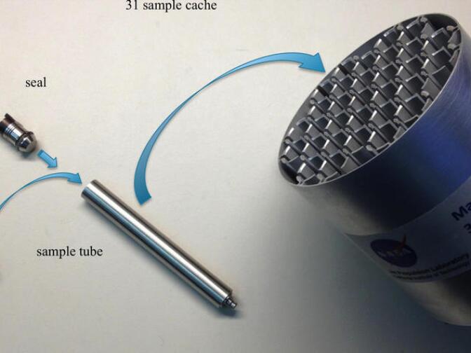 This shows one prototype for hardware to cache samples of cores drilled from Martian rocks for possible future return to Earth. A major objective for NASA's Mars 2020 rover, as described by the Mars 2020 Science Definition Team, would be to collect and package a carefully selected set of up to 31 samples in a cache that could be returned to Earth by a later mission. The capabilities of laboratories on Earth for detailed examination of cores drilled from Martian rocks would far exceed the capabilities of any set of instruments that could feasibly be flown to Mars. The exact hardware design for the 2020 mission is yet to be determined. For scale, the diameter of the core sample shown in the image is 0.4 inch (1 centimeter).