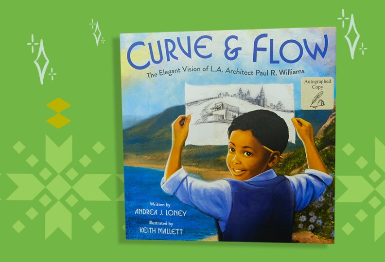 A book cover depicting a young boy with a dark skin tone and pencil behind his ear, holding up a drawing of a building. The title reads Curve and Flow.
