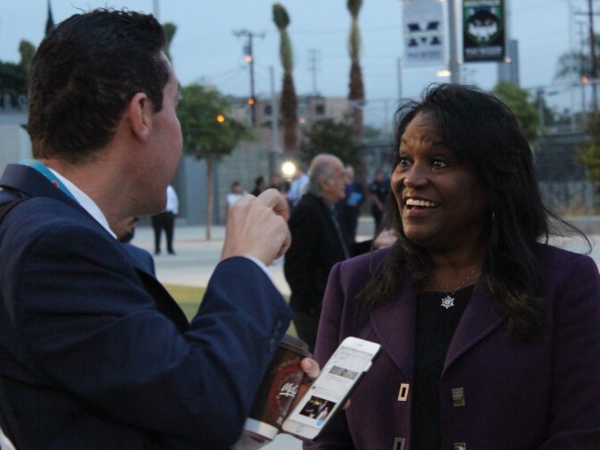 Los Angeles Unified School District Superintendent Michelle King, right, speaks with a district colleague during a tour for district officials of the newly-opened Maywood Center for Enriched Studies.