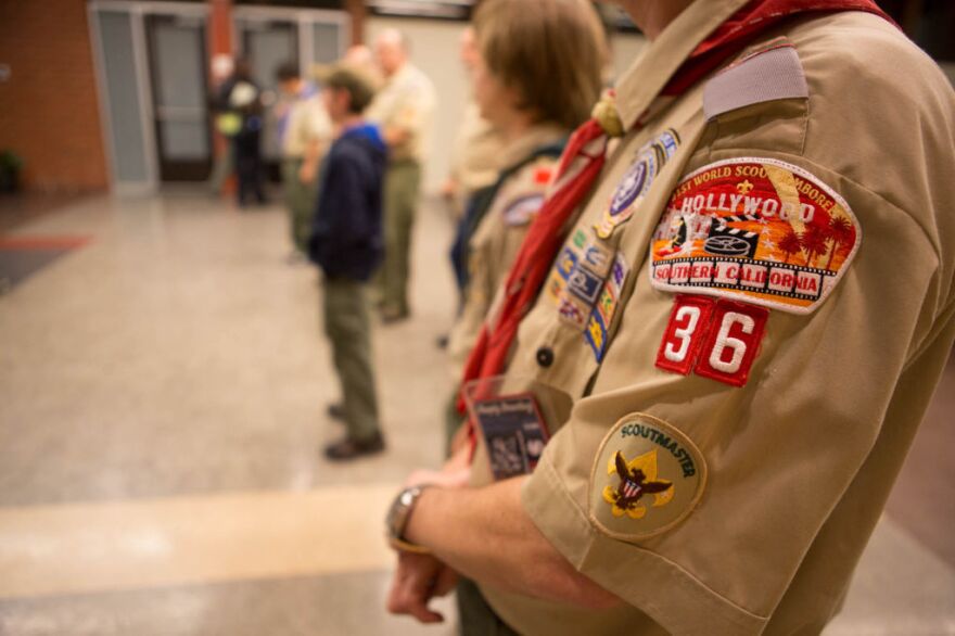 A badge on the arm of Troop 36 scoutmaster Larry Turner.