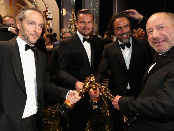HOLLYWOOD, CA - FEBRUARY 28:  (L-R) Cinematographer Emmanuel Lubezki, winner of Best Cinematography for 'The Revenant," actor Leonardo DiCaprio, winner of Best Actor for 'The Revenant,' director Alejandro Inarritu, winner of Best Director for 'The Revenant,' and Producer Steve Golin, winner of Best Film for 'Spotlight,' attend the 88th Annual Academy Awards at Dolby Theatre on February 28, 2016 in Hollywood, California.  (Photo by Christopher Polk/Getty Images)