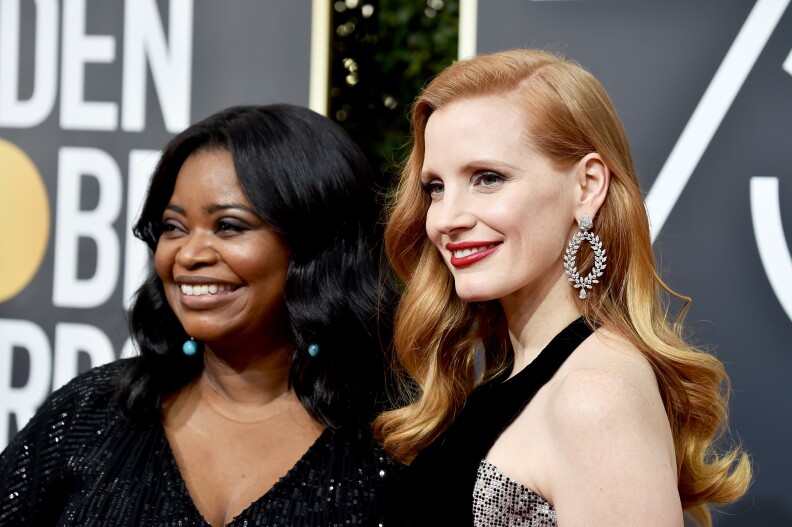 BEVERLY HILLS, CA - JANUARY 07: Ocatvia Spencer and Jessica Chastain attend The 75th Annual Golden Globe Awards at The Beverly Hilton Hotel on January 7, 2018 in Beverly Hills, California.  (Photo by Frazer Harrison/Getty Images)