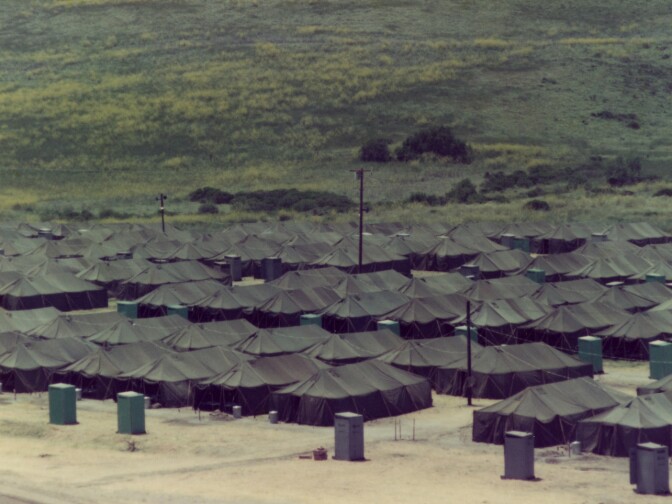 Rows of tents at the Camp Pendleton refugee village for new arrivals from Vietnam, Spring 1975.