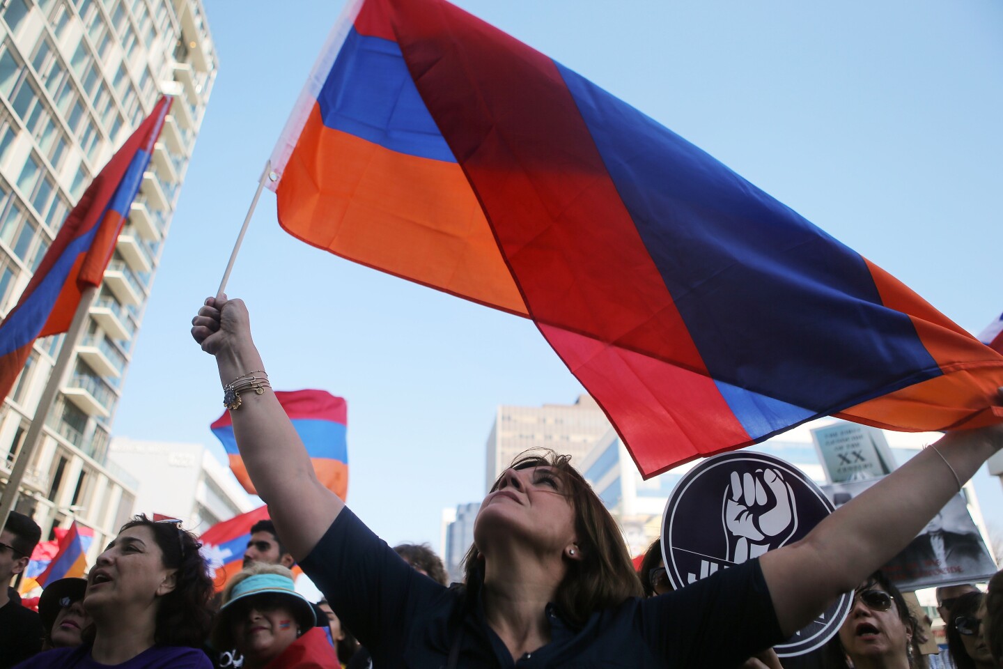 LOS ANGELES, CA - APRIL 24:  Demonstrators protest outside the Turkish Consulate during a rally commemorating the 103rd anniversary of the Armenian genocide on April 24, 2018 in Los Angeles, California. Armenian Prime Minister Serzh Sarksyan resigned yesterday following nearly two weeks of street protests. Los Angeles holds the largest number of Armenians in the world outside of Armenia.  (Photo by Mario Tama/Getty Images)