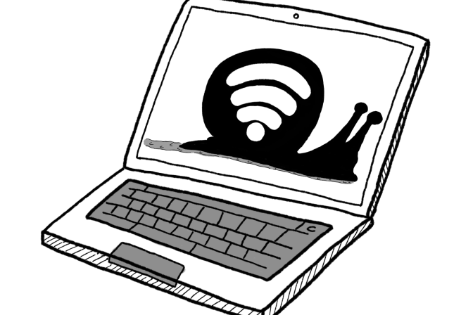 A black, white and gray laptop graphic display a black snail with a wifi signal on its shell. 