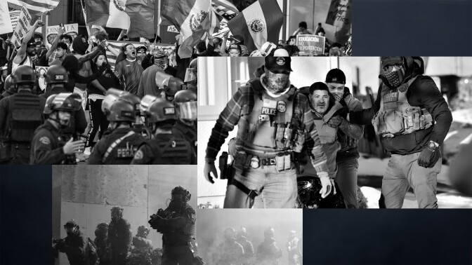 A collage of four photographs showing federal agents, police, and protestors in black and white color.