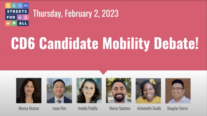 A screenshot of the YouTube page introducing six political candidates. A logo for the organization Streets for All is at the top left, next to the date Thursday, February 2, 2023. Below it is a large headline that reads CD6 Candidate Mobility Debate! Six headshots are below it showing each of the candidates. From left, Marisa Alcaraz, Isaac Kim, Imelda Padilla, Marco Santana, Antoinette Scully, Douglas Sierra.
