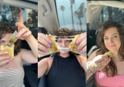 A collage image of a woman with light skin tone and brown curly hair, sitting inside a car while dressed in different outfits and holding burritos.