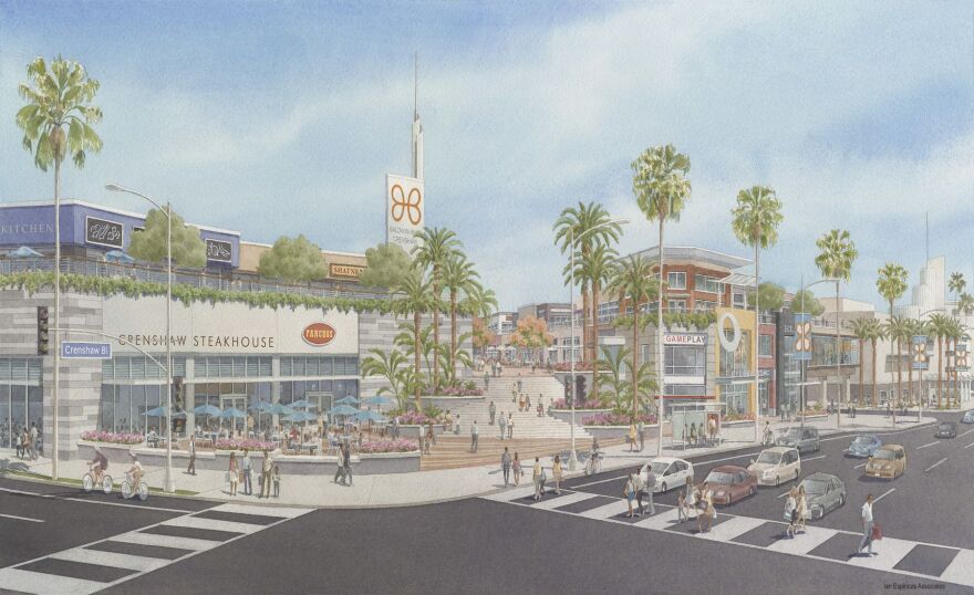 A rendering of the plans for a redevelopment of the Baldwin Hills Crenshaw Plaza mall into an upscale outdoor Americana-style shopping center with a hotel, condominiums, apartments, retail and office space.