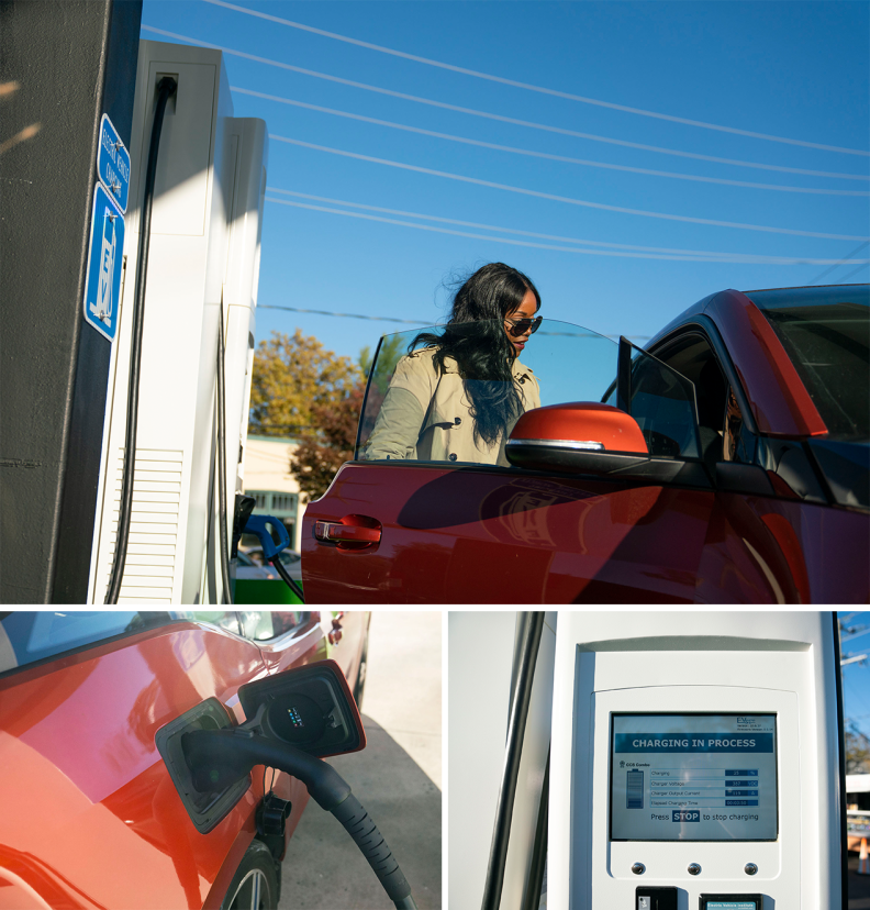 Tamara Robinson, begins charging her car. She has used the station multiple times since its opening a month ago.