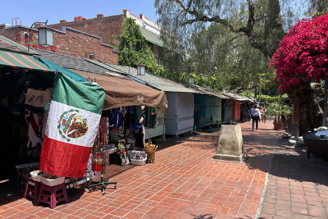 Wooden kiosks line a cobblestone street. A Mexican flag hangs off the shade of the kiosk at the front. A person at a distance walks away from the shops. 