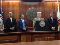 (From L to R) Councilman Tom LaBonge, interim DWP GM Jim McDaniel, DWP board chair Mel Levine, nominee for DWP GM Marcie Edwards and Mayor Eric Garcetti on Thursday, Jan. 30, 2014 as Edwards' nomination was announced.