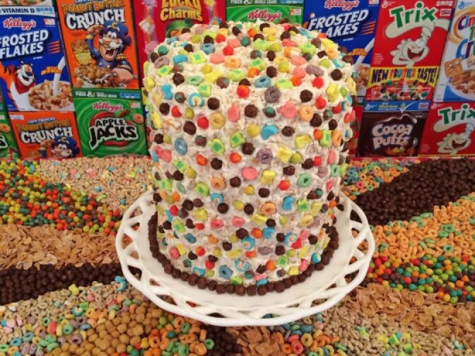 Charles Phoenix created a six-layer milk soaked cereal cake.