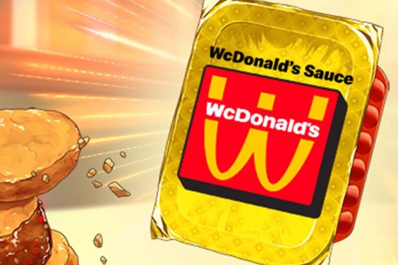 An animated yellow and red packet of sauce for chicken nuggets called WcDonald's Sauce.