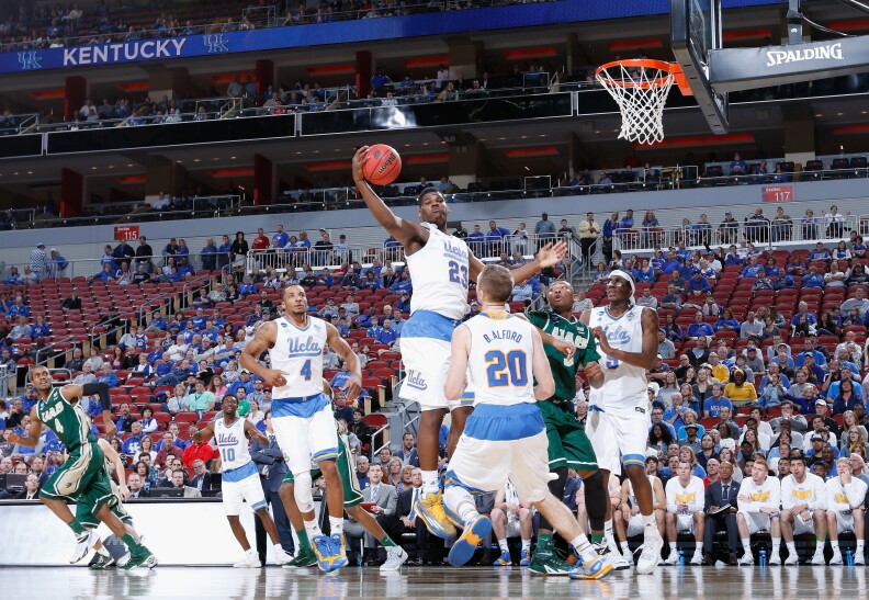 Tony Parker #23 of the UCLA Bruins grabs the ball against the UAB Blazers during the third round of the 2015 NCAA Men's Basketball Tournament at KFC YUM! Center on March 21, 2015 in Louisville, Kentucky.