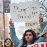 Protesters of Republican Presidential candidate Donald Trump demonstrate prior to a Trump Rally at the Peabody Opera House on March 11, 2016 in St. Louis, Missouri.  